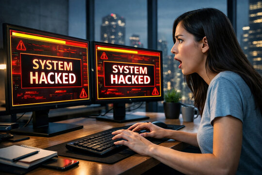 System hacked alert displayed on monitors as cybersecurity breach shocks office.