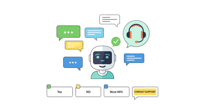 Friendly robot avatar with speech bubbles, headset, and checkmark, offering customer service and support, rendered in clean, scalable vector style with a modern color palette,