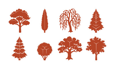 Terracotta tree silhouettes set, 8 minimalist botanical icons, rustic orange forest plant collection, flat vector nature elements for landscape design © ArsiStudio