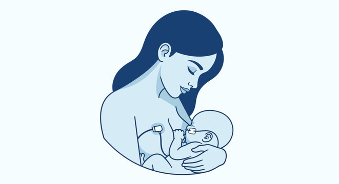 Illustrated mother breastfeeding newborn baby in profile.