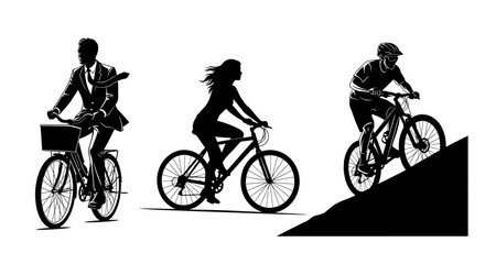 Obraz premium Diverse Cyclists: Businessman, Woman, and Mountain Biker on White Background