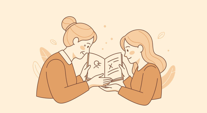 Two women reading an open book together illustration.