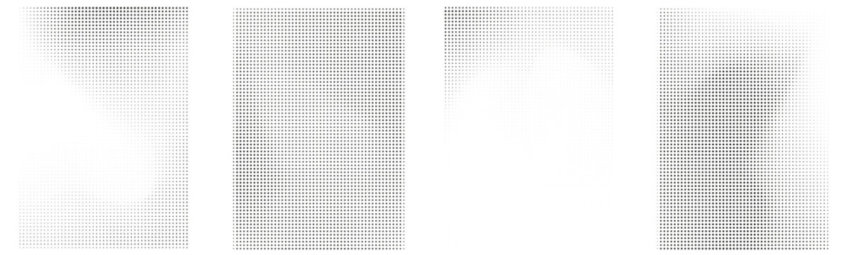 Collection of halftone gradient dotted textures, Dotted texture square and rectangle patterns. Comic faded background set. Pixelated halftone element group for frame, poster, collage, banner, flyer. 