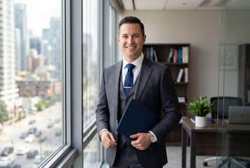 Fototapeta premium Caucasian male financial advisor standing in a modern office holding a blue presentation folder