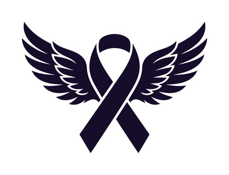 Purple awareness ribbon with angel wings vector, memorial mourning symbol for cancer survivors, pancreatic cancer and domestic violence support icon
