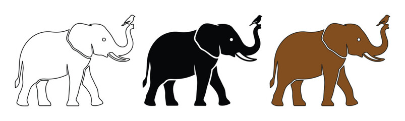 Fototapeta premium Minimalist elephant vector icons set, walking african elephant silhouettes with bird on trunk, black and brown wildlife animal illustrations