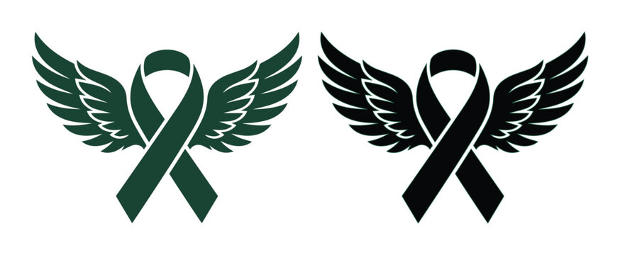 Awareness ribbon with angel wings vector set, green and black mourning ribbons for memorial and cancer support, funeral and tribute graphics