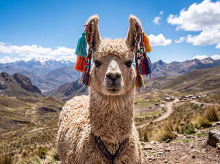 Fototapeta premium Close up portrait of llama with curious expression and colorful tassels