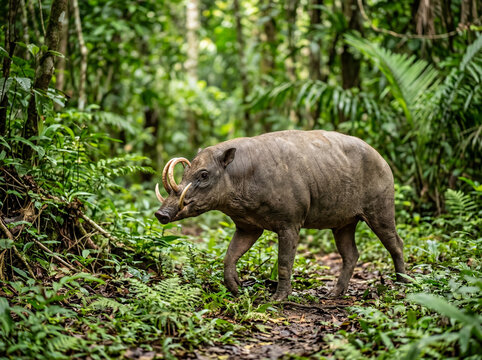 Full body babirusa walking gracefully through its pristine natural forest habitat