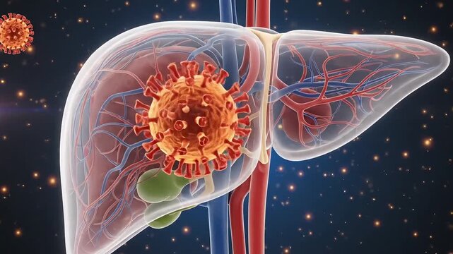 Transparent human liver anatomy with vascular system and gallbladder surrounded by coronavirus