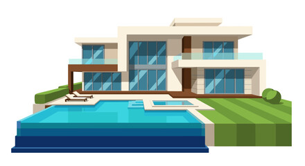 Fototapeta premium Luxurious modern home with a swimming pool, featuring clean lines, turquoise water, and a manicured lawn, evokes a sense of tranquility and contemporary living, suitable for real