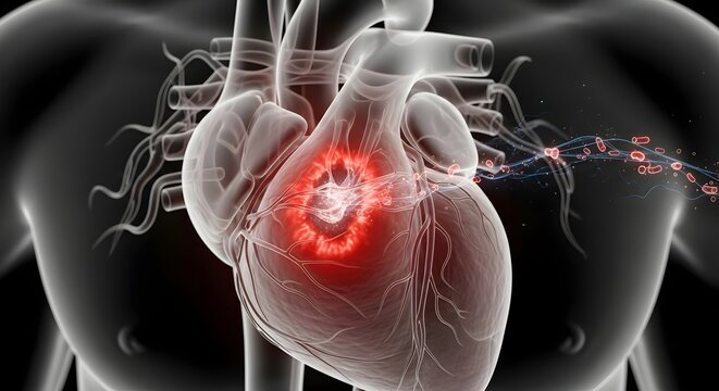 Medical Visualization of Endocarditis Showing Infected Heart Valve with Inflammation and Bacterial Damage Highlight