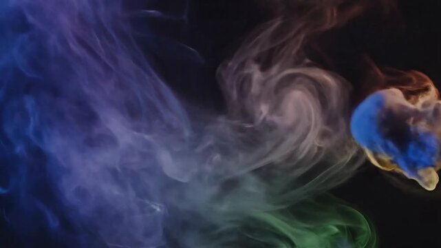 Vibrant plumes of colorful smoke swirling and mixing against a dark background, creating an abstract and dynamic visual effect.