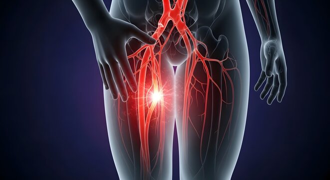 Leg Circulatory System Medical Illustration Highlighting Peripheral Artery Disease with Reduced Blood Flow