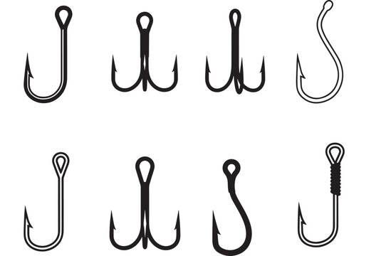 Fishing hooks set with simple line art shapes for bait fishing and angling icons on white background