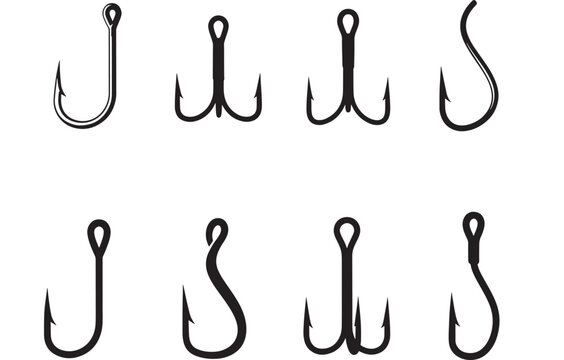 Fishing hooks icon set with black outline and curved barbed designs for tackle and bait fishing featuring angling, angler, vector style with