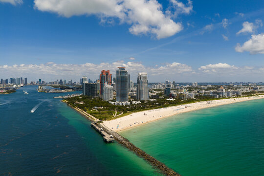 Miami cityscape with luxury skyscrapers and ocean. Panoramic view of Miami famous skyline. Miami Beach from above. Miami skyline from top.