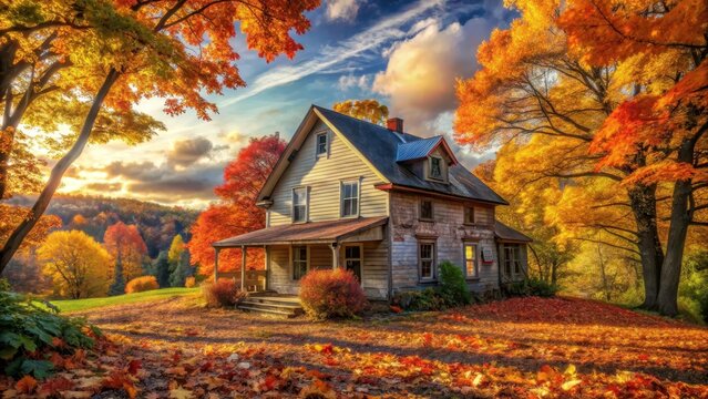 A photo of an old house enveloped by a blanket of colorful autumn leaves, the vibrant hues contrasting against the weathered facade and surrounding fo