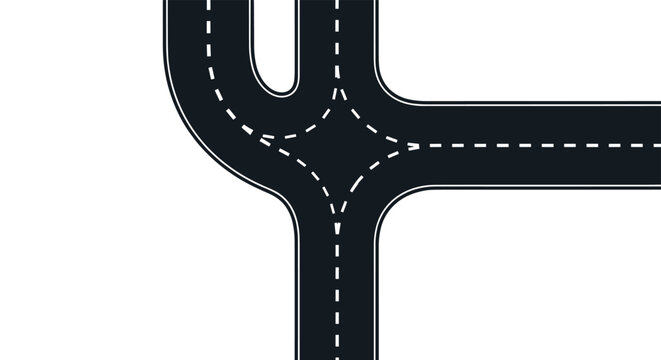 Aerial view illustration of a road junction or highway intersection with white dashed lane lines and smooth asphalt curves.