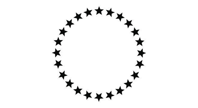 Circular frame composed of many small black five-pointed stars arranged in a ring on a white background for decorative use.