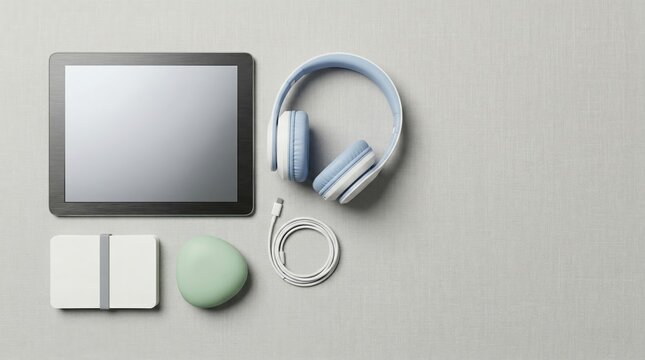 Object only flat lay of digital wellness starter kit with tablet headphones and accessories