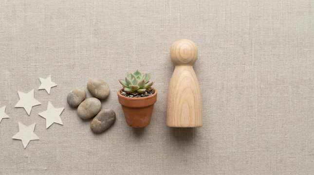 Object only flat lay of child achievement symbols including stars, stones, plant, wooden figure