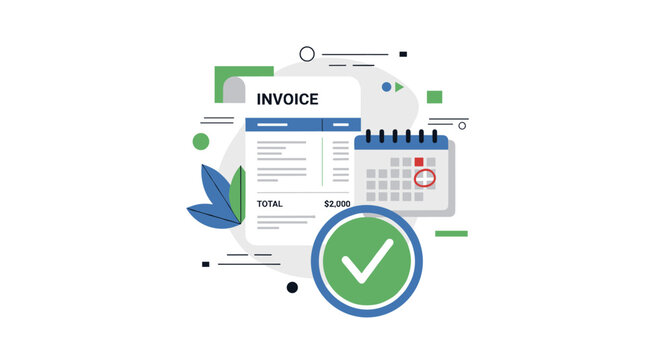 Clean vector graphic depicting a financial invoice with a calendar and a green checkmark, signifying payment completion and timely settlement in a business context.