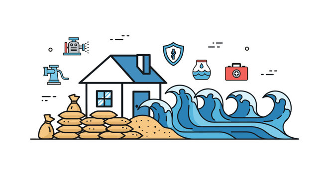 Clean line vector graphic depicting a house protected by sandbags against a powerful blue wave, with flood prevention tools and first aid kit icons suggesting disaster