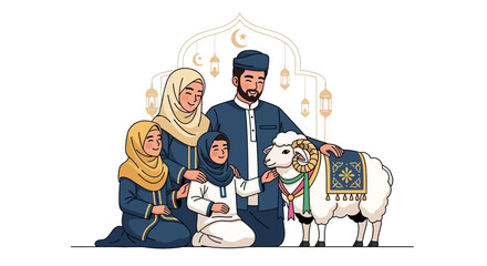 Illustrated Muslim family of four with two daughters and a ram stands together against a white background with an ornamental arch in a cartoon style, conveying a serene and celebratory mood © Anggita