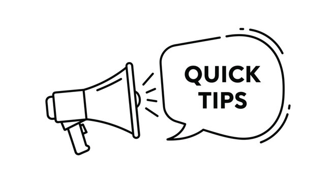 Megaphone icon with a speech bubble containing quick tips text for advice helpful hints and marketing announcements.