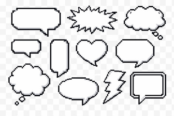 Obraz premium Pixel Art Speech Bubbles and Text Boxes Set, Retro 8-bit Game Style Chat Frames, Pixelated Dialogue Clouds and Thought Bubbles Collection, Empty Comic Book Elements for Gaming and Communication