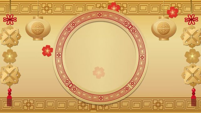 Animated chinese lunar new year background featuring golden paper cut flowers and lanterns.