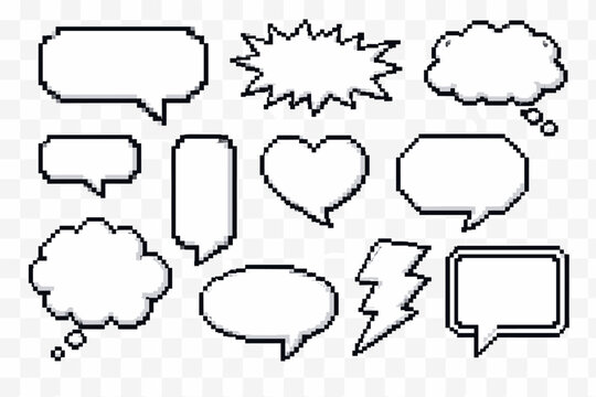 Pixel Art Speech Bubbles and Text Boxes Set, Retro 8-bit Game Style Chat Frames, Pixelated Dialogue Clouds and Thought Bubbles Collection, Empty Comic Book Elements for Gaming and Communication