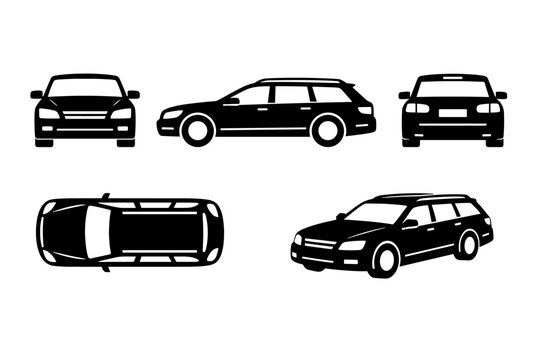 Set of black station wagon car icons and silhouettes showing various views including front, side, back, top down, and three-quarter perspective for automotive design, transport, and logistics.