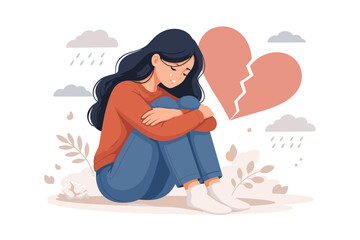 Naklejka premium Sad Young Woman Sitting Alone with a Large Broken Heart, Concept of Loneliness, Heartbreak, and Emotional Pain, Depressed Female Character Feeling Sorrow and Grief, Mental Health and Psychology.