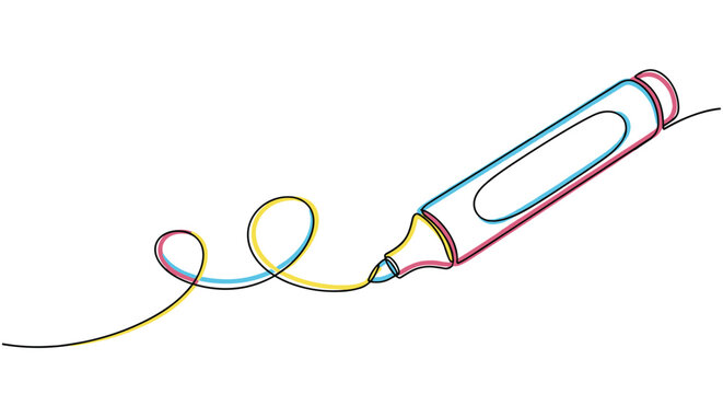 Continuous one line drawing of a marker pen creating a swirl pattern with colorful highlights representing creativity and artistic expression.