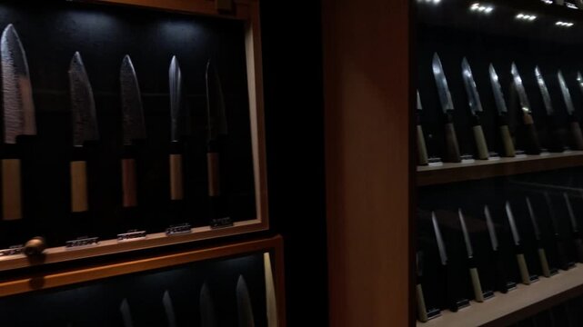 Professional japanese kitchen knife shop interior with collection of chef blades in glass display cases.