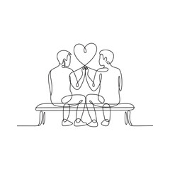 Fototapeta premium A minimalist line drawing depicts a couple embracing with a heart shape floating above their joined hands