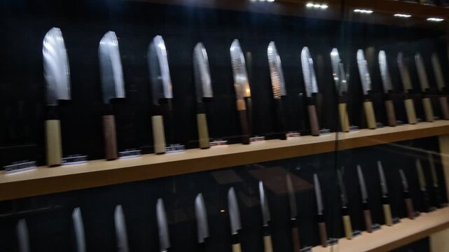 Collection of Japanese kitchen knives displayed in illuminated glass cabinets with polished blades.