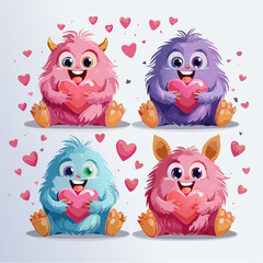 Fototapeta premium Cute Fluffy Monster Character Set Holding Heart Cookies Valentine Illustration Vector Graphic