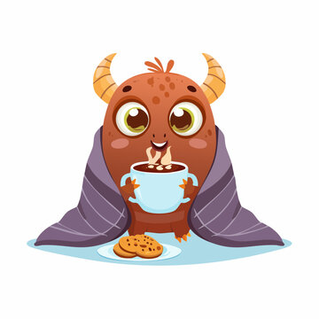 Adorable Cookie Monster Vector Illustration Cozy Monster Drinking Hot Cocoa with Blanket and Cookies