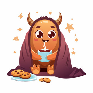 Cute Cookie Monster Vector Illustration Wrapped in Cozy Blanket Drinking Hot Cocoa Design Element