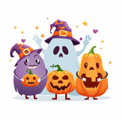 Naklejka premium Cute Spooky Halloween Cookie Monster Vector Illustration with Ghost Pumpkin and Witch Hat Characters