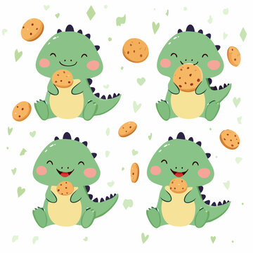 Adorable Baby Dinosaur Cartoon Character Eating Chocolate Chip Cookies Vector Illustration Set