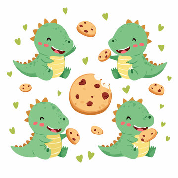Adorable Green Baby Dinosaur Eating Chocolate Chip Cookies Illustration Vector Design Element Set