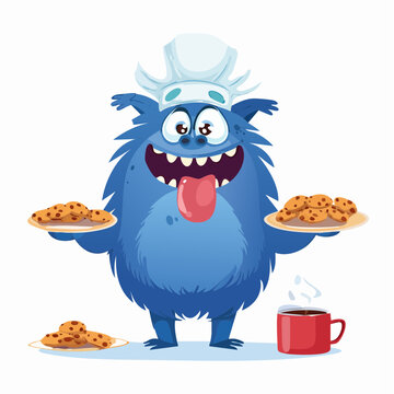 Funny Blue Monster Baker Holding Cookie Trays Graphic Design Illustration Vector Character