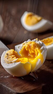 Soft-boiled egg cut open on a wooden cutting board with warm lighting