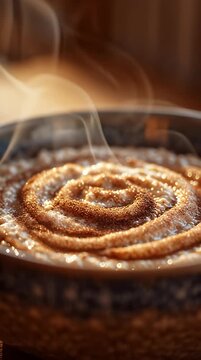 Close-up of steaming cinnamon swirl in a rustic bowl on a wooden table