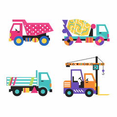 Fototapeta premium Bright and playful cartoon construction and utility vehicles vector illustration set. Includes dump truck, cement mixer, flatbed truck, and forklift.