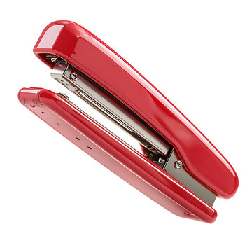 A red stapler is shown open on a white background.